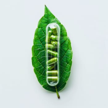 A transparent capsule pill rests on a green leaf against a white background