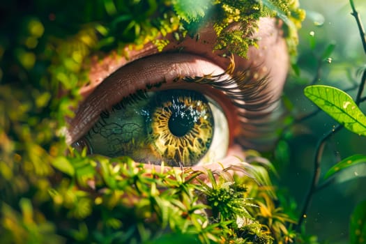A human eye with plants around it. Natural cosmetic and wellness concept. AI generated