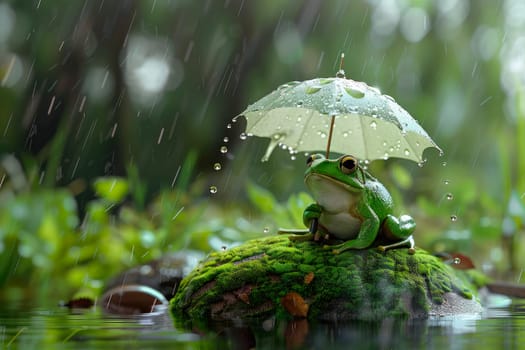 A green frog sitting on a mossy rock in a summer pond and holding an umbrella in the rain. AI generated