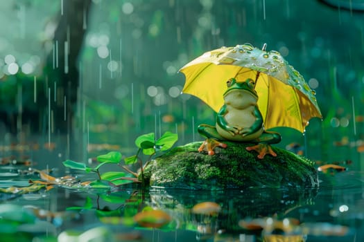A little green frog sitting on a mossy rock in a summer pond and holding an umbrella in the rain. AI generated