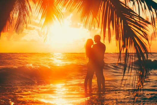 Silhouettes of a man and a woman are holding each other on the ocean shore against sunlight under the palm trees backlight. Love is in the air, nice and romantic. AI generated