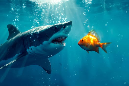 A scary shark and a frightened golden fish face each other in the middle of the ocean. AI generated