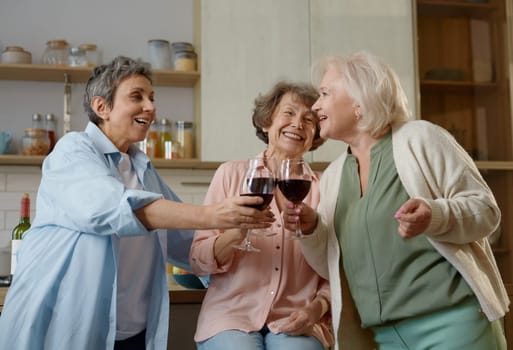 Smiling elderly female friends toasting celebrating friendship day together at home kitchen. Healthy attractive women enjoying peaceful weekend time with wine. Fun retirement