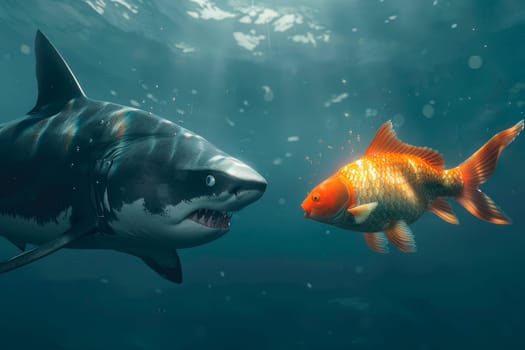 A big scary shark and a frightened golden fish face each other in the middle of the ocean. AI generated