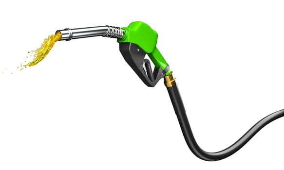 green fuel pump nozzle gasoline splash isolated transparent backdrop
