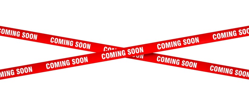Red and white coming soon tape crossing isolated white background