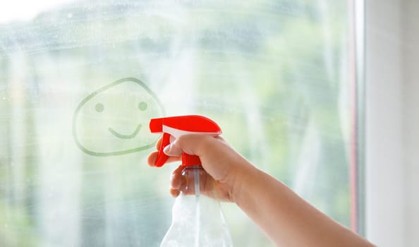 Employee cleaning window pane, spray water and soap on a smiling face, swab dusty and dirty glass, housework