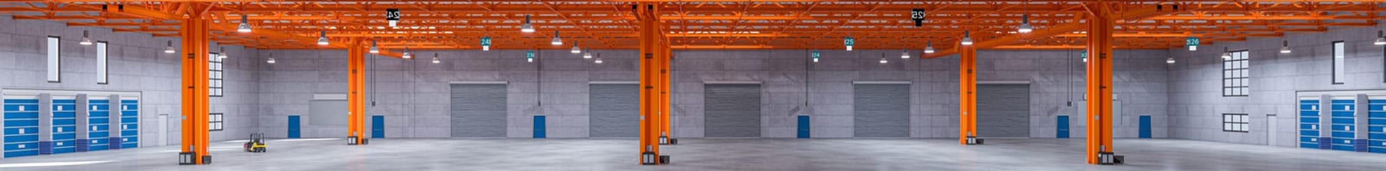 Wide-angle view  unoccupied industrial warehouse  orange beams gray walls