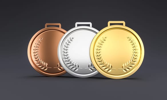 gold, silver, and bronze medals with laurel wreath design,  award competition