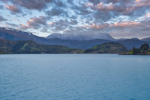 Norwegian fjord landscape. View of fjord with mountains. Scandinavian nature from the north