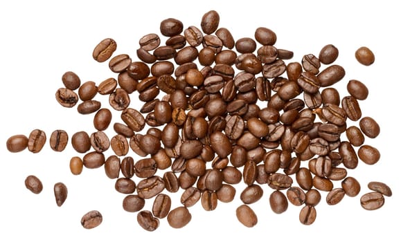 Roasted coffee beans scattered on isolated background, top view