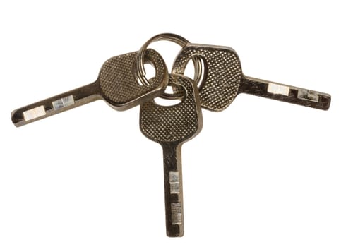 Bunch of three metal keys on isolated background, close up
