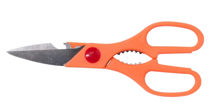 Kitchen scissors with plastic orange handle on isolated background, close up