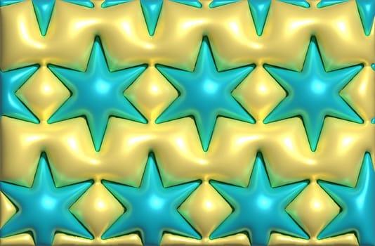 Blue inflated stars on a yellow background, 3D rendering illustration