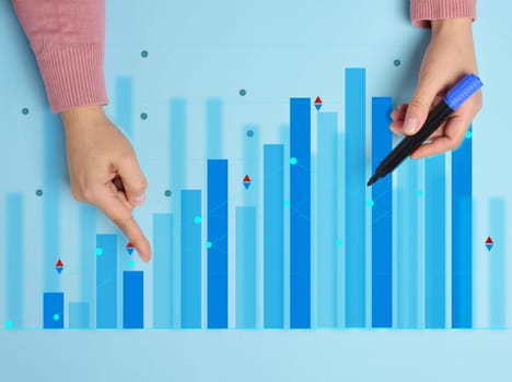 Graph with growing indicators and a female hand with a marker on a blue background. The concept of successful sales in business, inflation and rising prices