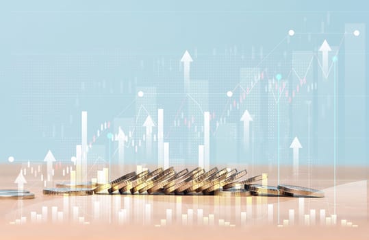 A stack of coins and a graph with growing indicators on a blue background. Profit growth, high business productivity