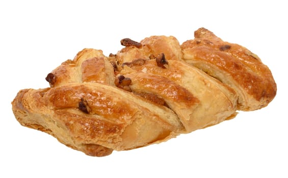 Rectangular pastry made from puff pastry with maple syrup and pecan nuts on a white background, close up