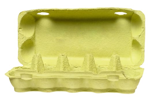 Green recycled open egg carton box on isolated background, storage