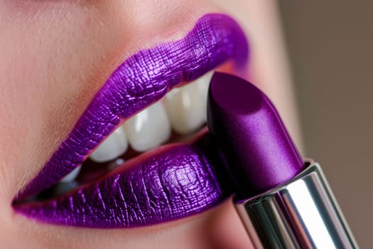 Close-up view of woman applying purple lipstick.  AI generated