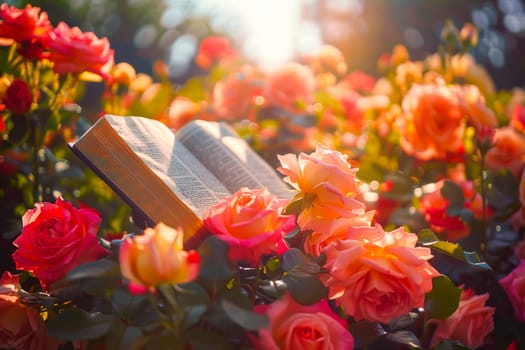 An open book in the rose garden on sunny day in summer. AI generated