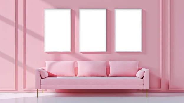 Three blank photo frames over modern pink couch, interior decor mock up. AI generated