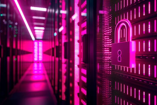 Server racks with padlock overlay, indicating server security. Network security, protection, networking. AI generated