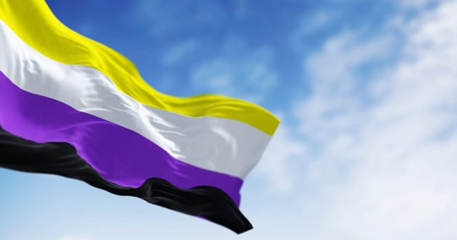 Genderqueer Pride flag featuring horizontal stripes of lavender, white, and dark chartreuse, waving. Non-binary and genderqueer identities representation. 3d illustration render. elective focus