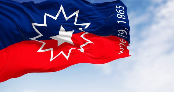 Juneteenth flag waving in the wind. Juneteenth is a federal holiday in the US commemorating the emancipation of enslaved African-Americans. 3d illustration render. Rippled fabric