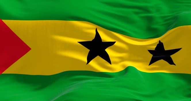 Close-up of Sao Tome and Principe national flag waving in the wind. Island country in the Gulf of Guinea. 3d illustration render. Rippling fabric background.