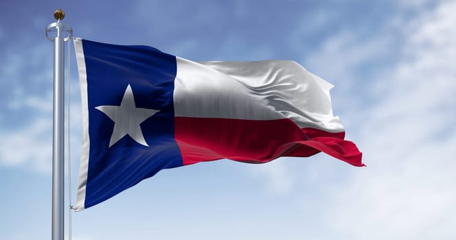 Texas state flag waving in the wind on a clear day. Blue vertical stripe with white star, white and red horizontal stripes. 3D illustration render. Close-up. Fluttering fabric
