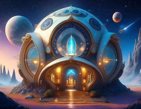 Fantasy image of a futuristic building on an alien planet with several moons.