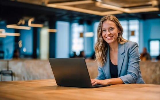 A smiling young businesswoman with long blonde hair working on a laptop in a modern office. She is wearing a light blue blazer and is in her 20s
