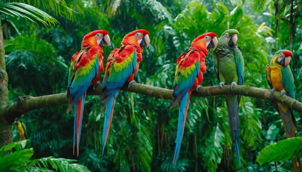 A vibrant group of colorful parrots perched on a branch in a lush tropical forest. The scene captures the beauty of exotic birds in their natural jungle habitat.