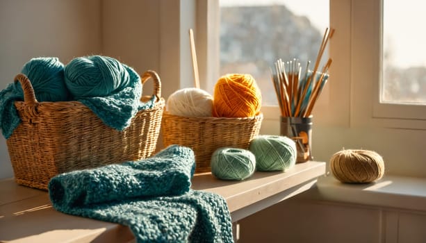 A cozy setup of colorful yarn balls and knitting supplies by a sunny window. The scene features baskets filled with yarn and knitting needles in a warm, inviting space.