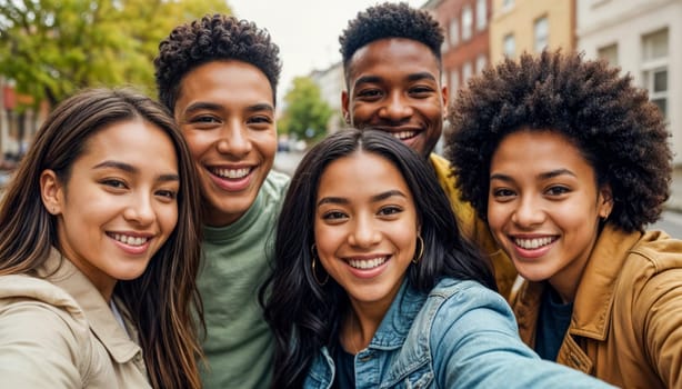 A diverse group of friends smiling and taking a cheerful selfie outdoors in an urban setting. The group consists of young adults enjoying their time together.