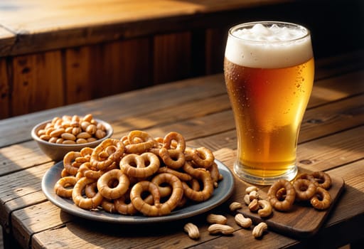 AI generated of a glass of beer and pretzels on a table