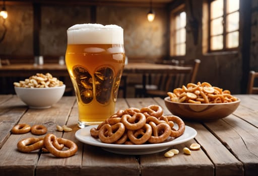 AI generated of a glass of beer and pretzels on a wooden table