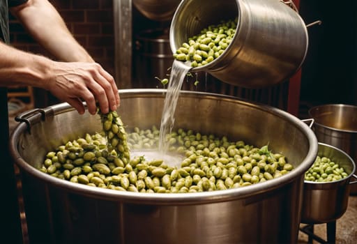 AI generated of a man pouring water into a large pot of green beans