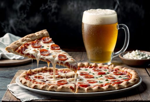 AI generated of a glass full of beer with a pizza with pepperoni and cheese on a plate
