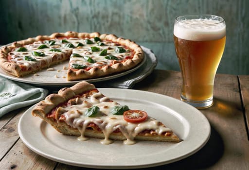 AI generated of a plate of pizza with a glass of beer next to it
