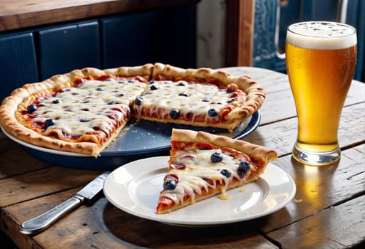 AI generated of a glass of beer next to a pizza with a slice of pizza on the plate