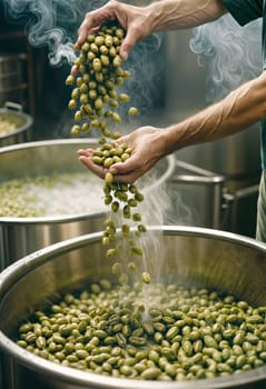 AI generated of a person is pouring green beans into a large pot