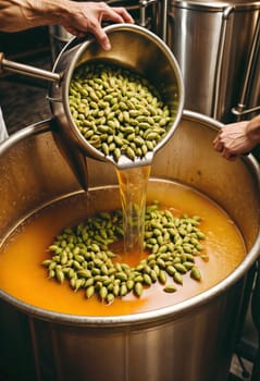 AI generated of a man pouring a bowl of green beans into a large pot of beer
