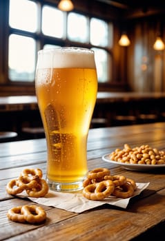 AI generated of a glass of beer and a plate of pretzels on a table