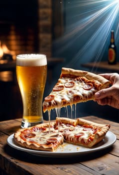 AI generated of a person is holding a slice of pizza with a glass of beer on the wooden table