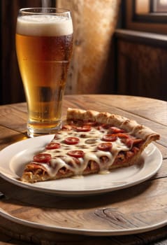 AI generated of a slice of pizza sits on a plate next to a glass of beer