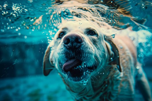 A cute white retriever swims underwater with sticking out its tongue. AI generated