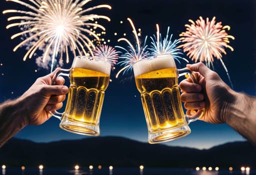 AI generated of two people toasting with beer glasses over fireworks