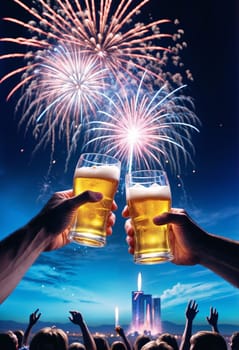 AI generated of two hands holding glasses of beer with fireworks in the background