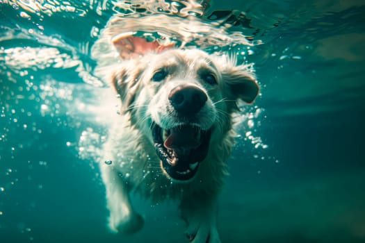 A cute retriever swims underwater with sticking out its tongue. AI generated